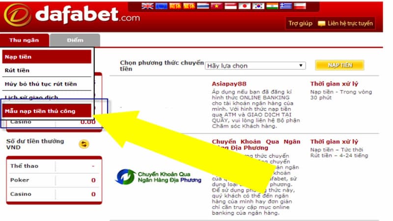 Chọn phương thức thanh toán nạp tiền dafabet